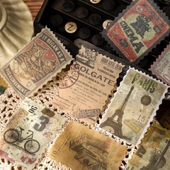 60pcs Vintage Postage Stamp Stickers, Aesthetic Modern Deco Paper Sticker for…