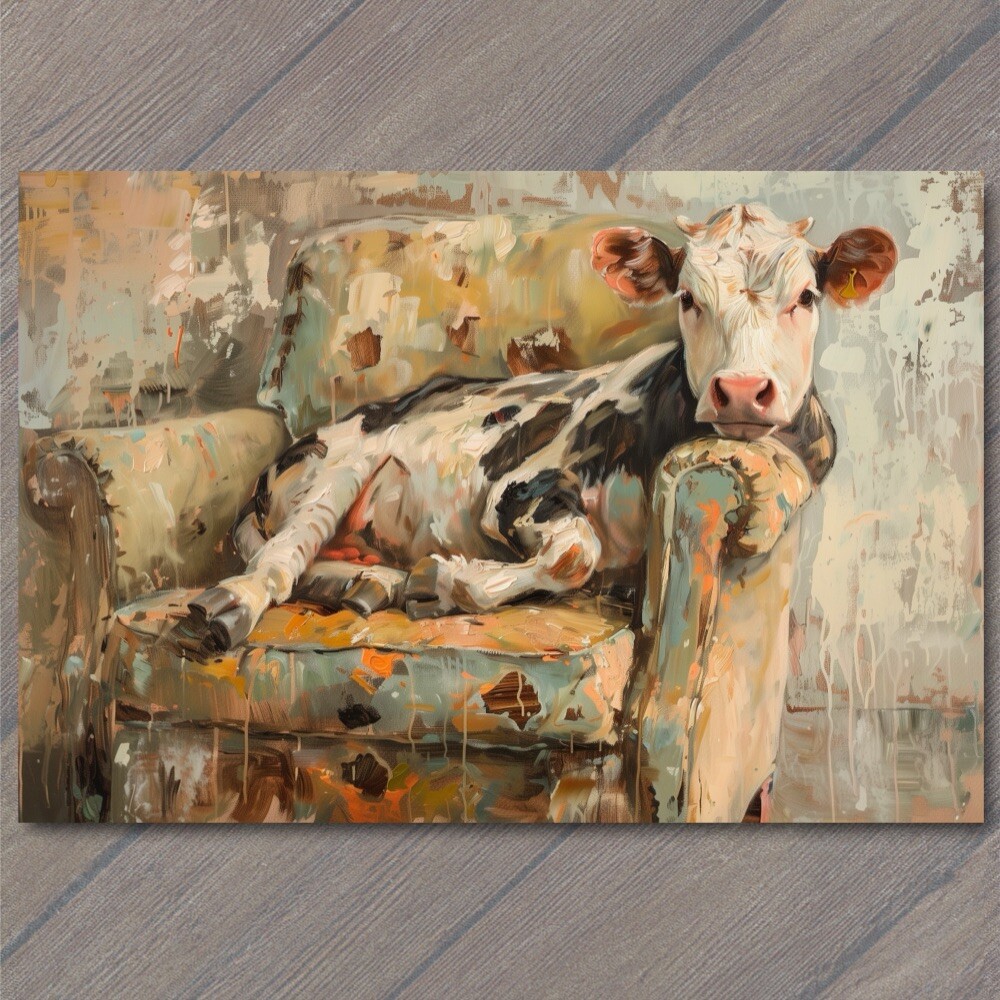 STICKER Cow On Couch Sofa Chair Calf Cute Fun Painting Unusual Country Farm