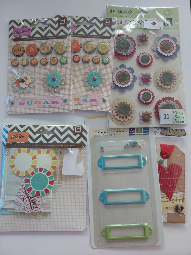 SCRAPBOOK embellishment LOT of 6, labels, brads, tags, journaling die cut craft