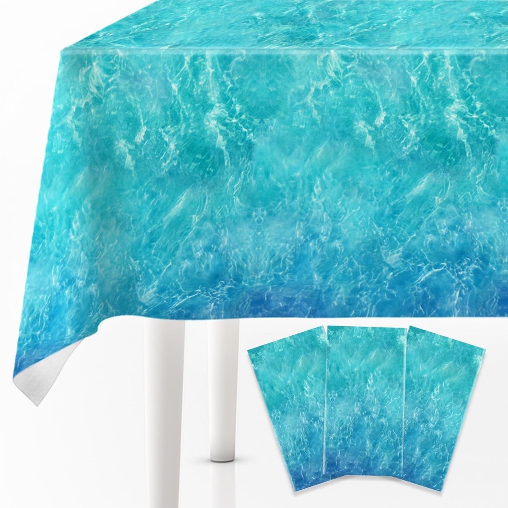 3Pcs Ocean Waves Plastic Tablecloth, 54 x 108 Inch Water Print Table Cover, D…
