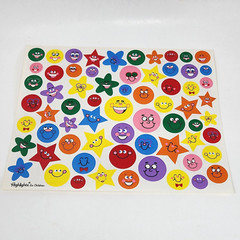 1 VINTAGE SHEET OF HIGHLIGHTS COLORFUL SMILE FACE + STARS FUNNY FACES STICKERS