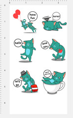Funny Blue Cat Stickers Teal Animal Decals Kawaii Scrapbook Journaling Sheet