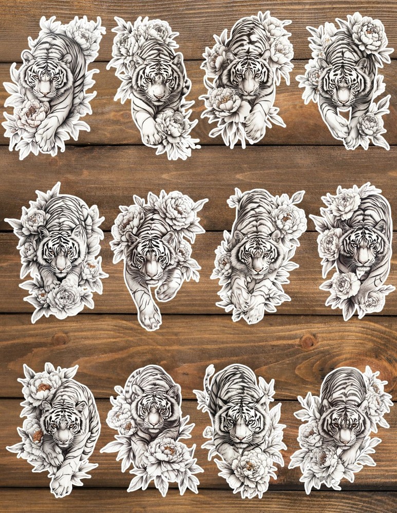 Floral White Tiger Die Cut Vinyl Stickers Set Scrapbooking Laptop WaterBottle