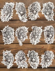 Floral White Tiger Die Cut Vinyl Stickers Set Scrapbooking Laptop WaterBottle
