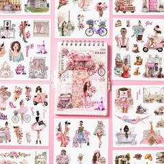 Paris Journaling Sticker Set, 18 Sheets PET Junk Journal Stickers, Pink French T