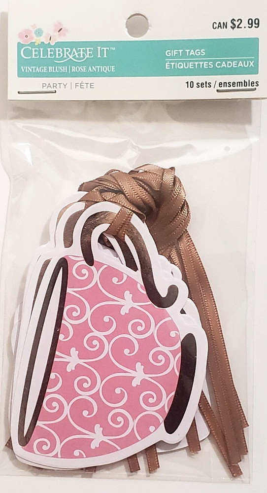 CELEBRATE IT Vintage Blush PARTY GIFT TAGS with Ribbon – TEA CUP – 10 pcs
