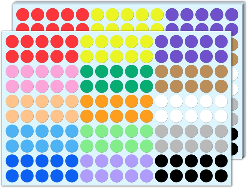 6000 Colored Dot Stickers, 1/2 Inch, round Circle Dots – Assorted 15 Colors
