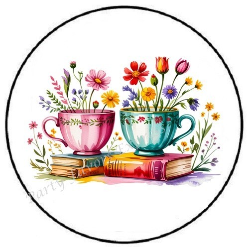 WATERCOLOR TEA CUPS BOOKS READING ENVELOPE SEALS LABELS STICKERS PARTY FAVORS
