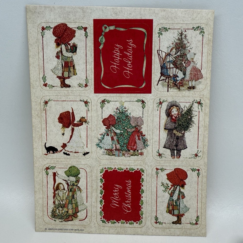 Vtg 1979 Holly Hobbie Christmas Seals Stickers 1 Sheet of 9 Pressure Seals READ