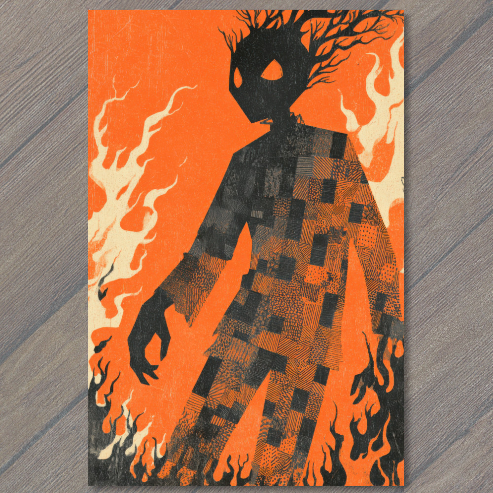 STICKER Fiery Patchwork Figure Burning Silhouette Bold Orange Black