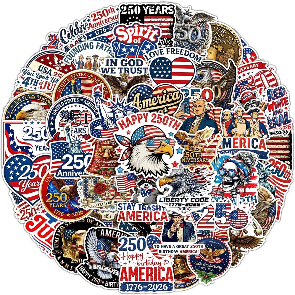 Patriotic 250th Anniversary USA Stickers 1776-2026 50pcs July 4