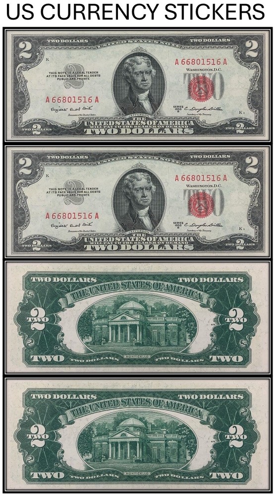 $2 Two Dollar 1953-B Legal Tender Note (US CURRENCY STICKERS) (Lot Of 2)