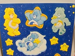 Vtg. Care Bear Stickers Satin-1987 AGC, Glitter-TCFC, Inc., Blue Sheet-2003