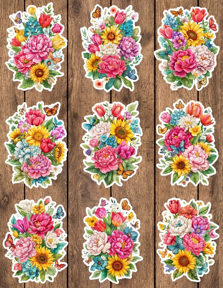 Spring Flowers Die Cut Vinyl Stickers Set Scrapbooking Laptop Water Bottle