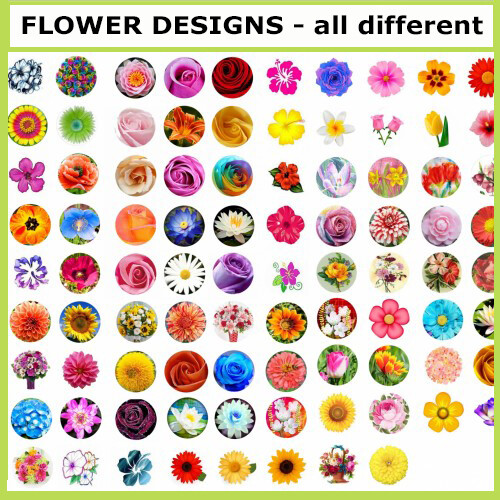 100 Precut FLORALS FLOWER DESIGNS BOTTLE CAP CHARM TRAY IMAGES 1 inch circles