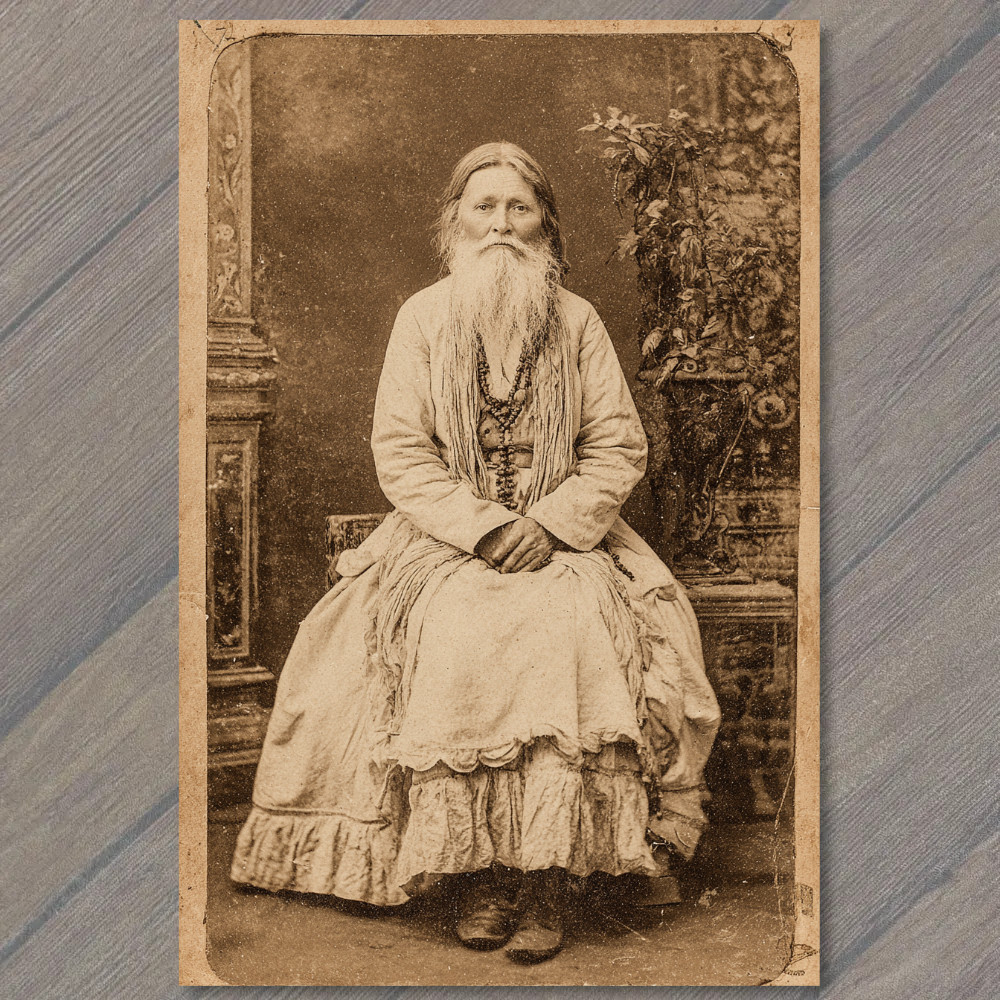 STICKER Bearded Lady Sitting Sepia Portrait Oddity Antique Style Dress