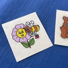 Vintage Rare 1980s Foil Stickers Bear Watering Flowers And Bee Smiling Flower