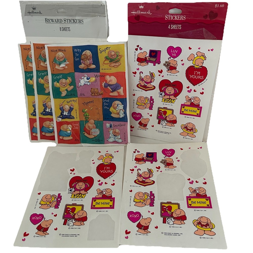 Vintage 1990s Hallmark Ziggy Sticker Sheet LOT used Reward Valentine Love 90s