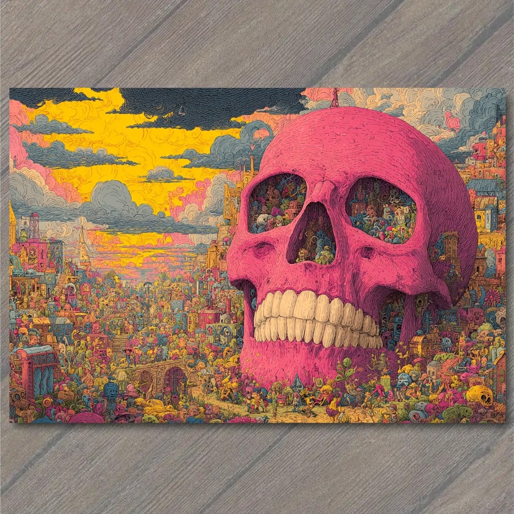 STICKER Giant Pink Skull Cityscape Psychedelic Doodle Crowd Chaos Sunset