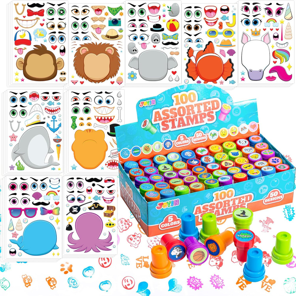 36 Make-a-Face Sticker Sheets + 100 Kids Self-Ink Stamps Easter Favors