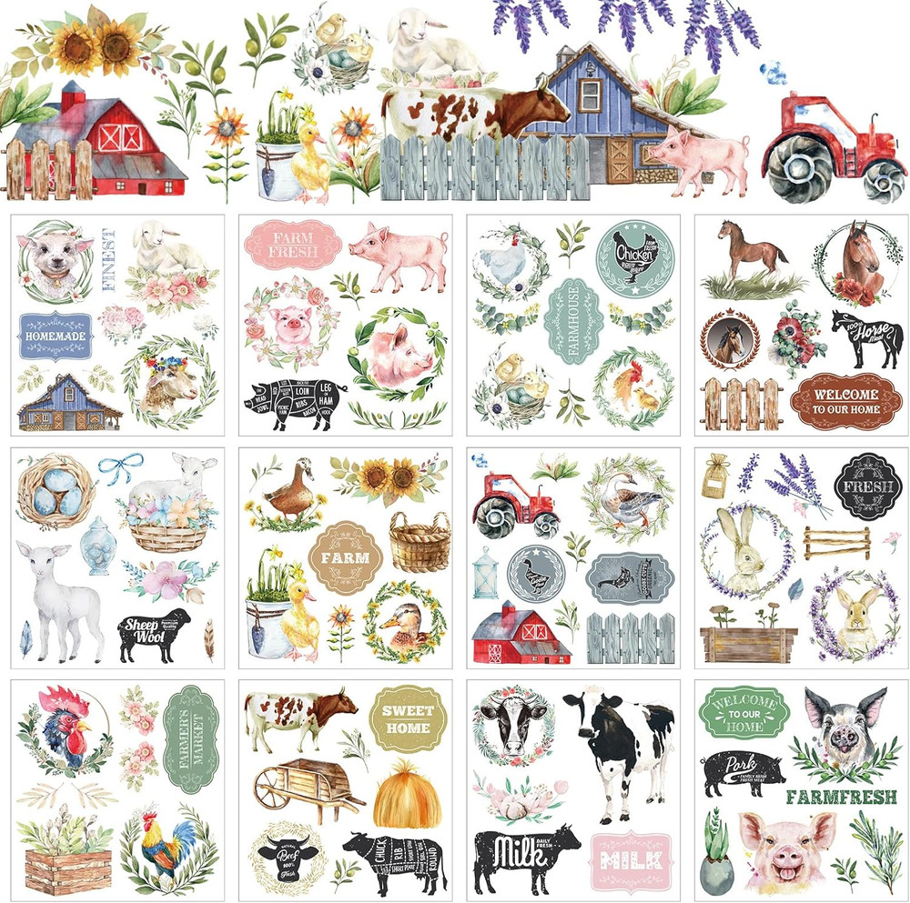 12 Sheets Rub on Transfers for Crafts and Furniture Farm Animal for Crafting Dec