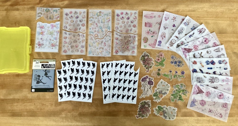 Large Lot of Stickers, Temporary Tattoos/Transfers, & Stencils, Plastic Snap Bin
