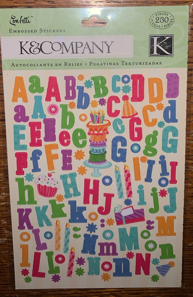 K&Company Confetti Alphabet Letters Birthday Party Hats Cup Cake Candles Sticker