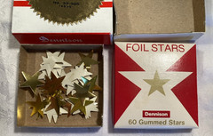 Vintage Dennison 30 GOLD Foil Gummed Stars & Box & Empty NOTARIAL SEAL Boxes
