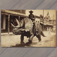 STICKER Dinosaur Riding Men Cowboy Old School Vibe Weird Strange Triceratops