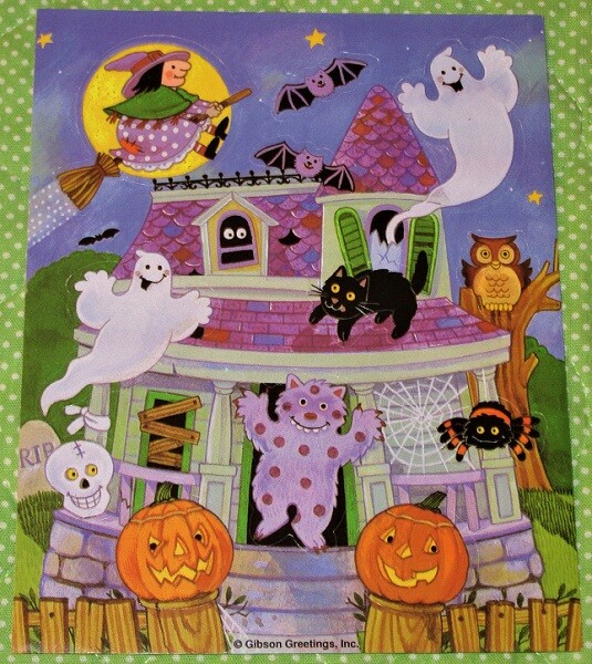 VINTAGE GIBSON HALLOWEEN STICKERS~WITCH~GHOSTS~PUMPKINS~CATS~BATS~SPIDER~SKULL+