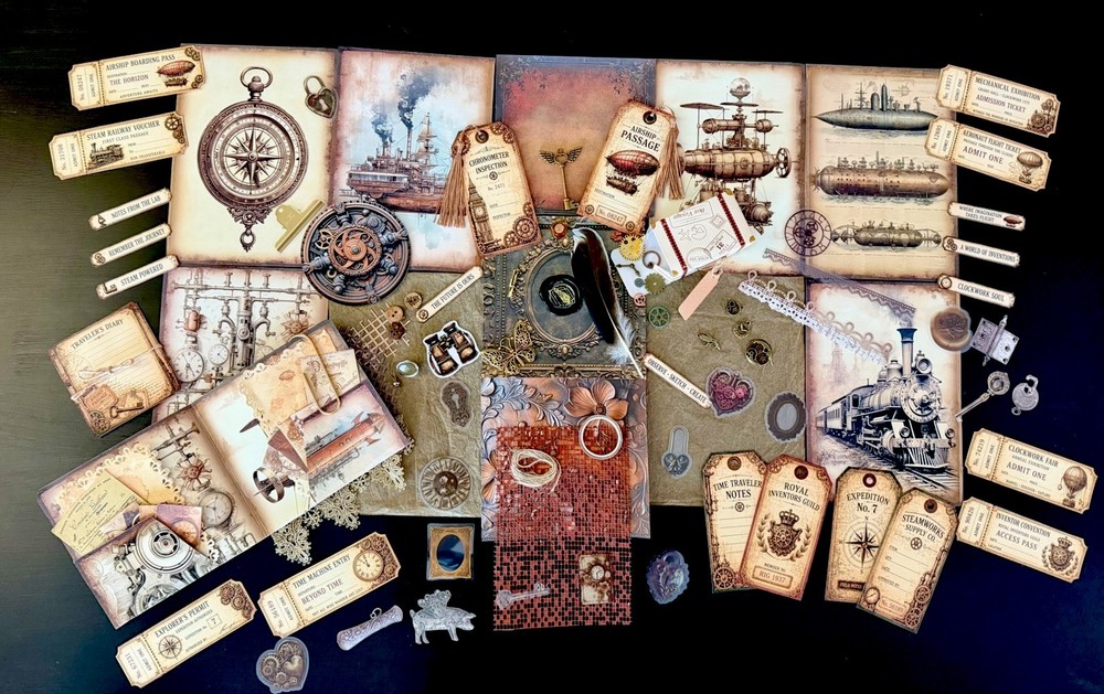 100+ Pc Steampunk Junk Journal Kit Ephemera Bundle Airship Gears Tags Vintage