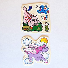 Vtg BJ Stickers «on a roll» Lot of 2 Purple Pegasus Pink Dragon Trimmed 80s Mod