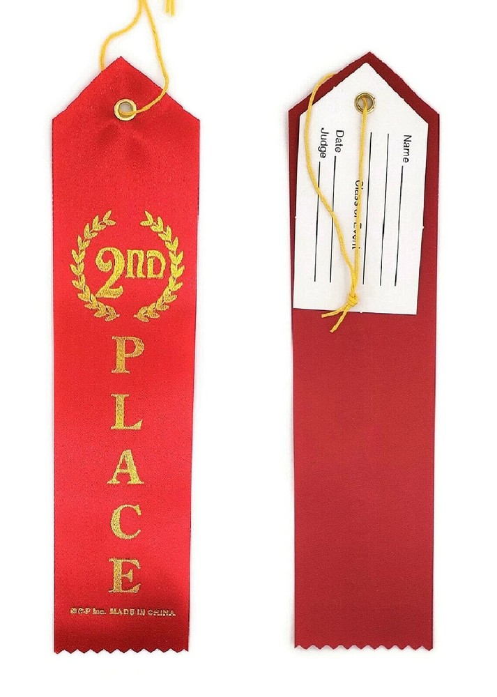 2nd Place Winner Award Ribbons Red Event Card String Gold Writings 12 PCS