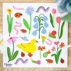 Violette Stickers – Springtime Garden – 1 Insect, Bug, & Flowers Sticker Sheet