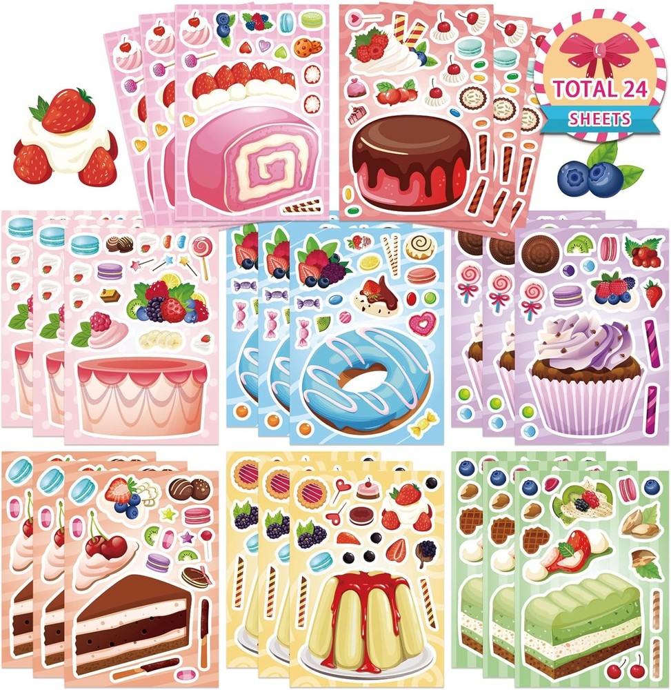 24 Sheets Make a Cake Sticker for Kids, Make Your Own Dessert Mix and Match Stic