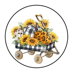 30 AUTUMN ENVELOPE SEALS LABELS STICKERS 1.5″ ROUND SUNFLOWERS IN WAGON PUMPKINS