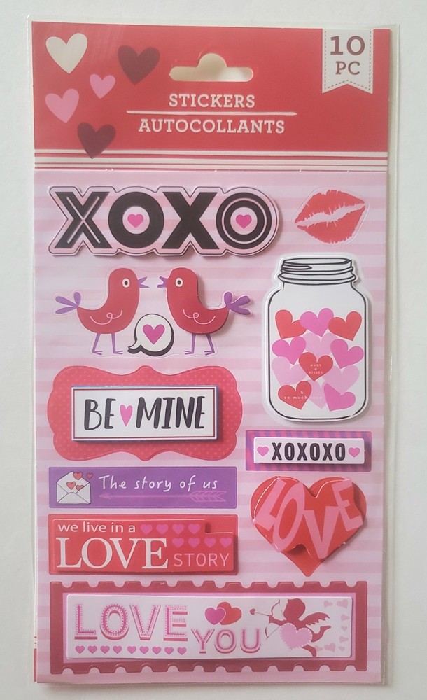 Valentines Day Themed Pop-Up and Flat Stickers, 10 pc, Red/White/Pink/Purple,