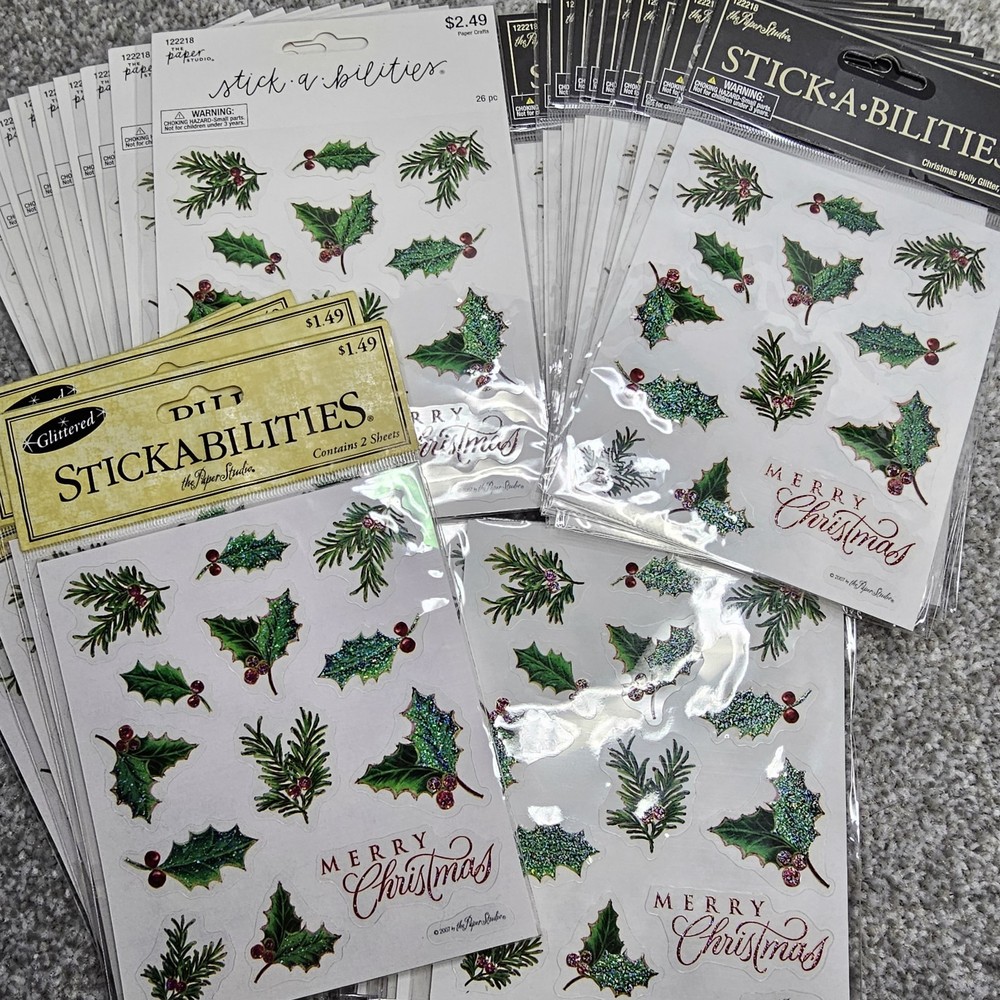 Paper Studio Stickers STICKABILITIES Christmas Holly Glitter Lot Of 28 Pks 26 Pc