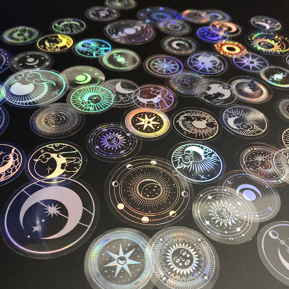 70 Pack Transparent Laser Holographic Stickers Round Moon Sun Star Decal Set
