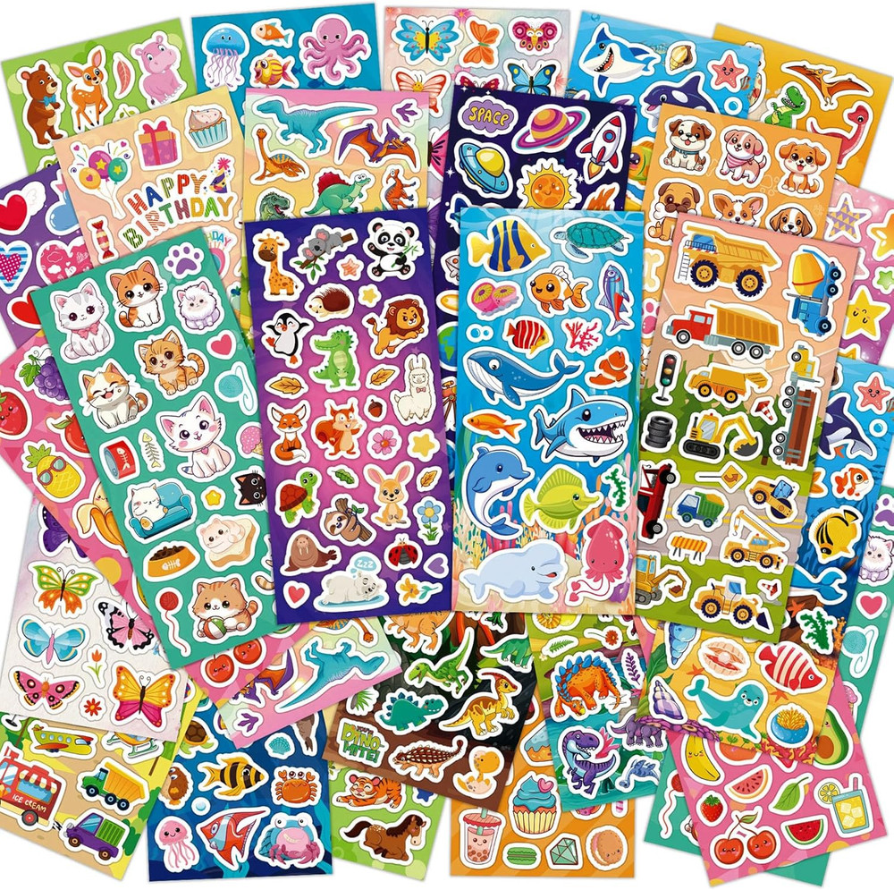 36 Sheets 800+ Vinyl Stickers for Kids Scrapbooking Animals Dinosaurs Fruits Car