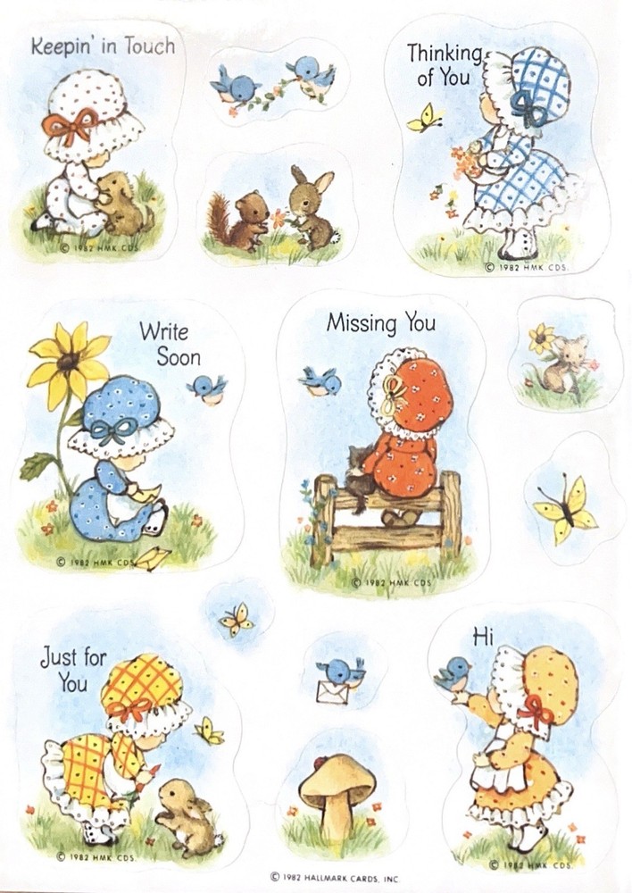 Vintage 1982 Hallmark Sticker Sheet Adorable Girls Bonnets Sweet Messages