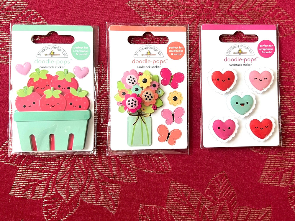 #D89 – 3 PKGS STRAWBERRY FLOWER HEART DOODLE-POPS 3D STICKERS – FREE SHIPPING