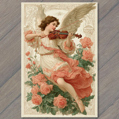 STICKER Angel Playing Violin Roses Victorian Cherub Wings Romantic Floral