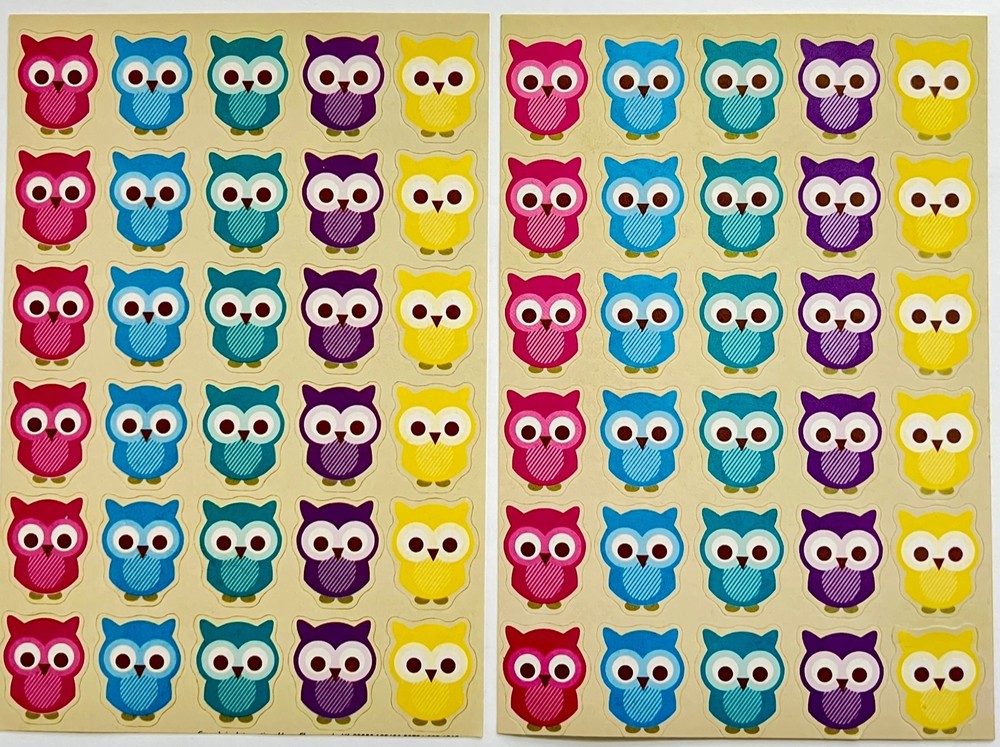 🦉Cute OWL STICKERS 2 Sheets wide eye bird pink blue purple yellow teal rainbow