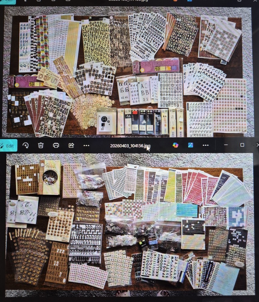 Scrapbooking letters numbers LOT 2 TABLES FULL! Metal Stickers Rub Ons SEE PIX