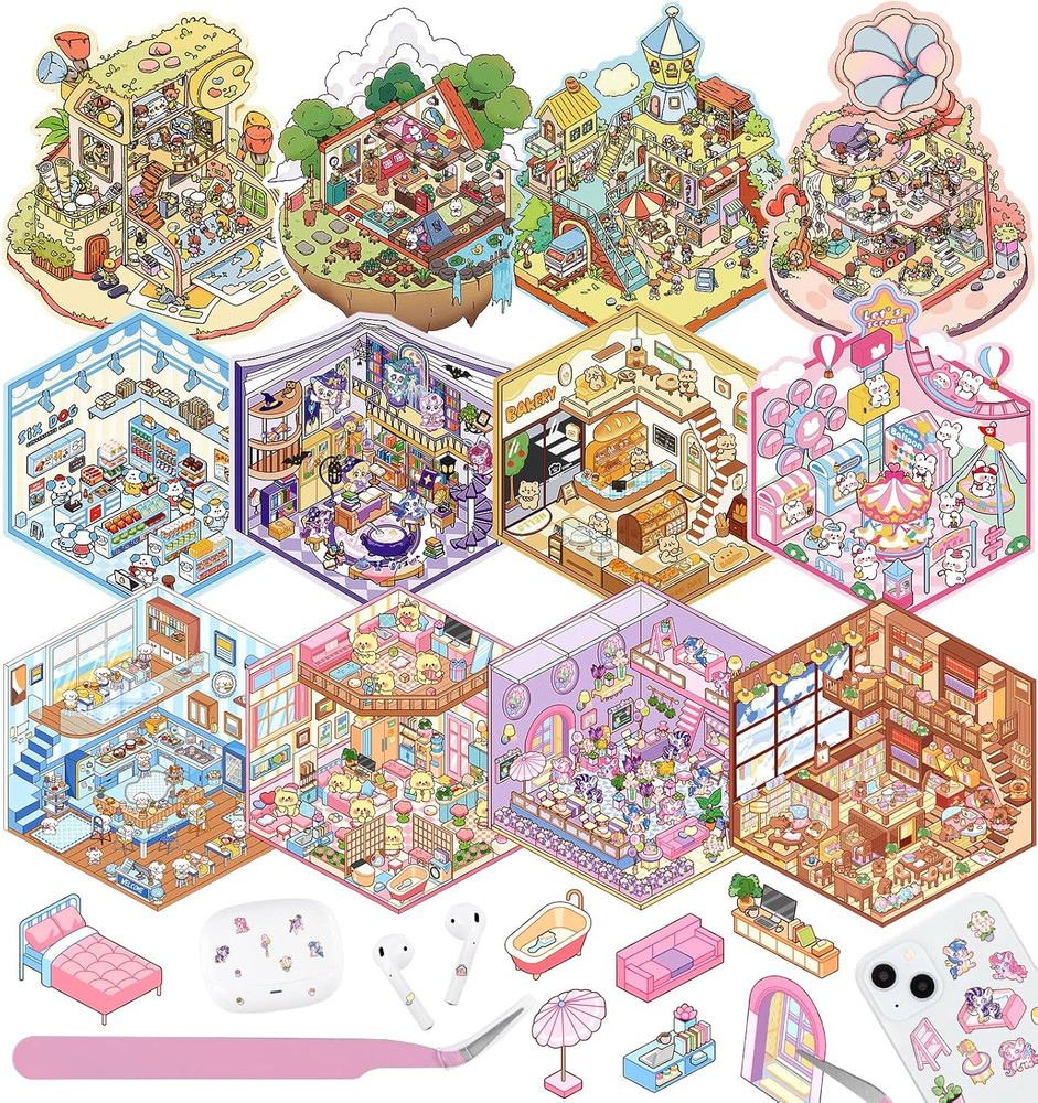 12 Sets DIY 3D Sticker Scene for Kids, Fun DIY Sticker Scene Make Your Own Mini