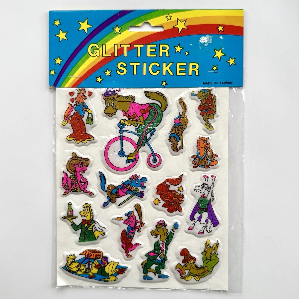 Vintage Glitter Stickers Puffy Funny Horses New Sealed 1980s Scrapbook Rare NOS