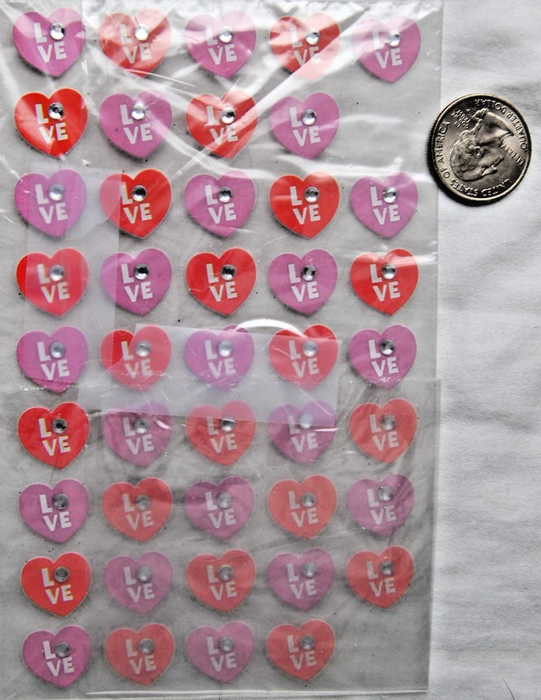 pink & red heart stickers LOVE white rhinestones 43 hearts valentine