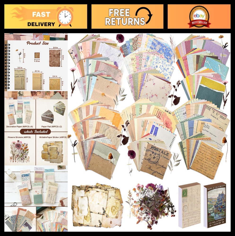 565 Pcs Vintage Scrapbook Paper Kit with Flower Stickers, Decorative Craft Suppl