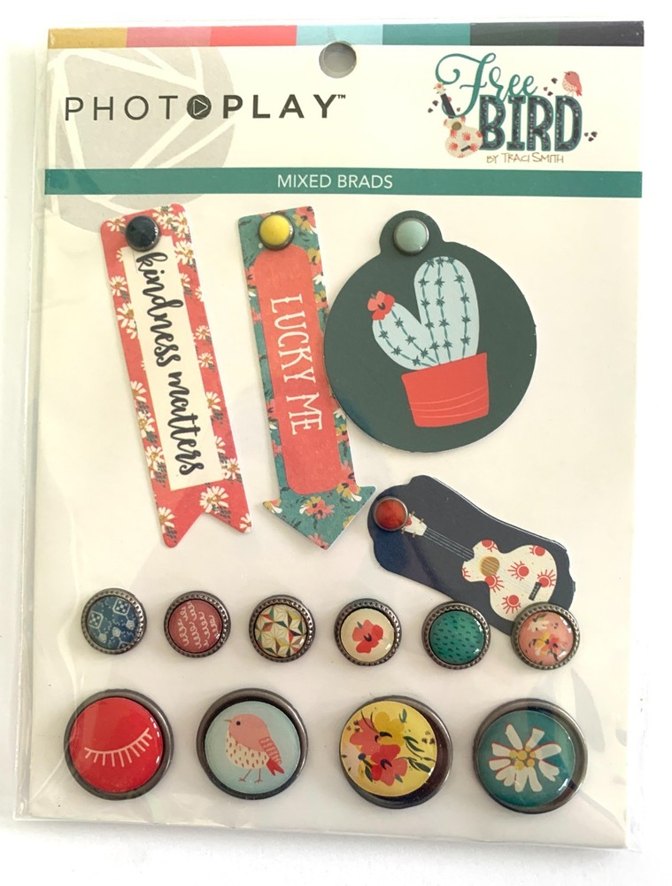 Photoplay Free Bird ENAMELED MIXED BRADS 14 Pieces